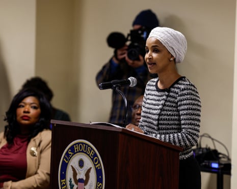 Congresswoman Ilhan Omar speaks during a town hall meeting in Minneapolis, Minn. on 27 January.