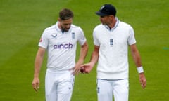 Chris Woakes (left) gets some advice from Jimmy Anderson at Lord’s during the first Test against West Indies.
