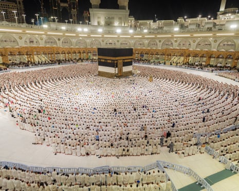Muslim pilgrims perform their morning prayers in the Grand Mosque in Mecca.