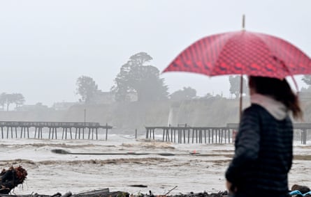 Several California counties ordered to evacuate as deadly storm brews | California 1 The Capitola Wharf pier has split in two in Aptos, California.