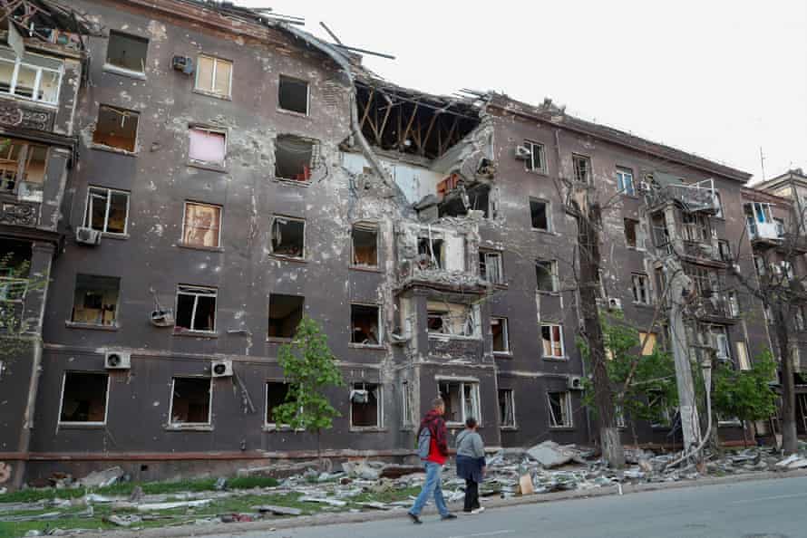 A residential building heavily damaged in the southern port city of Mariupol, Ukraine.