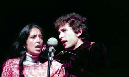 Joan Baez and Bob Dylan performing at the Newport folk festival circa 1964