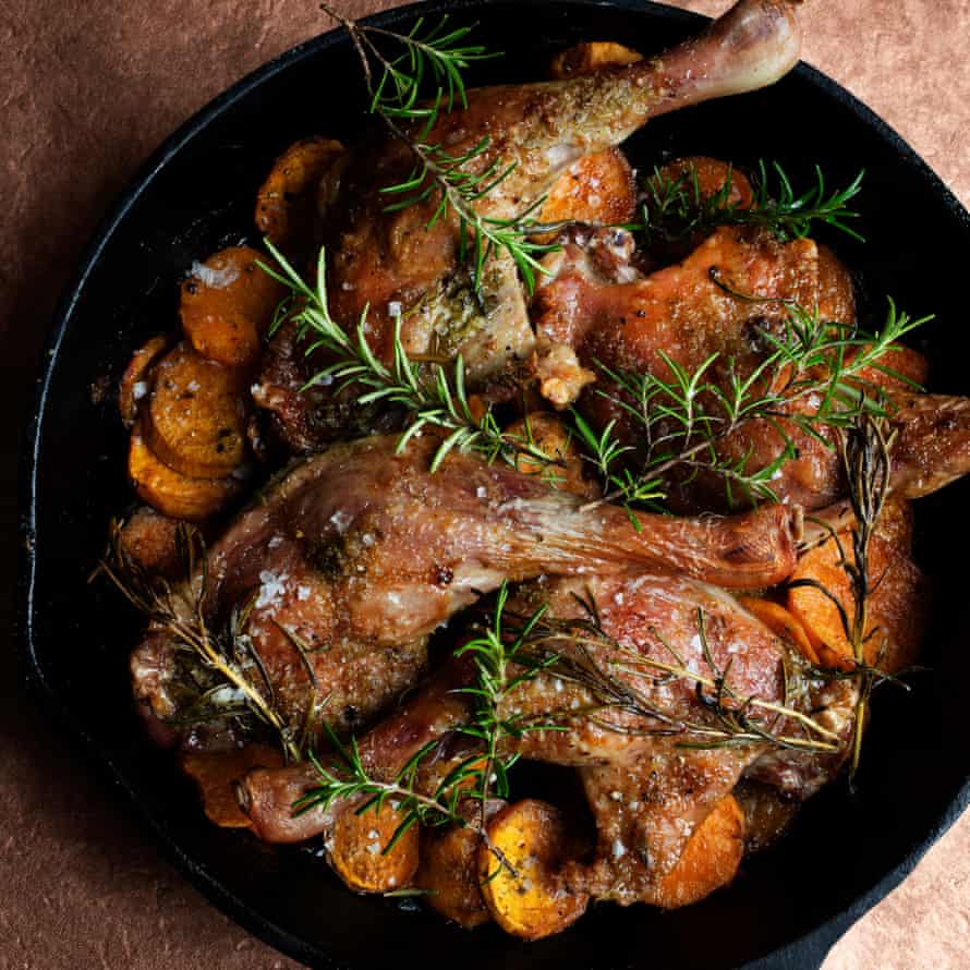 Roast duck with sweet potatoes and rosemary salt.