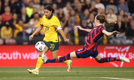 Sam Kerr looks to shoot on goal during game in Newcastle.