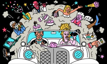 illustration of a bride and groom in a wedding car with an explosion of chaotic things popping out behind them