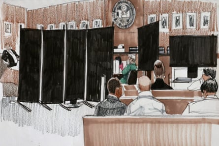 Court sketch of a courtoom with black wheeled screens