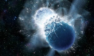 An artist’s illustration of two colliding neutron stars.