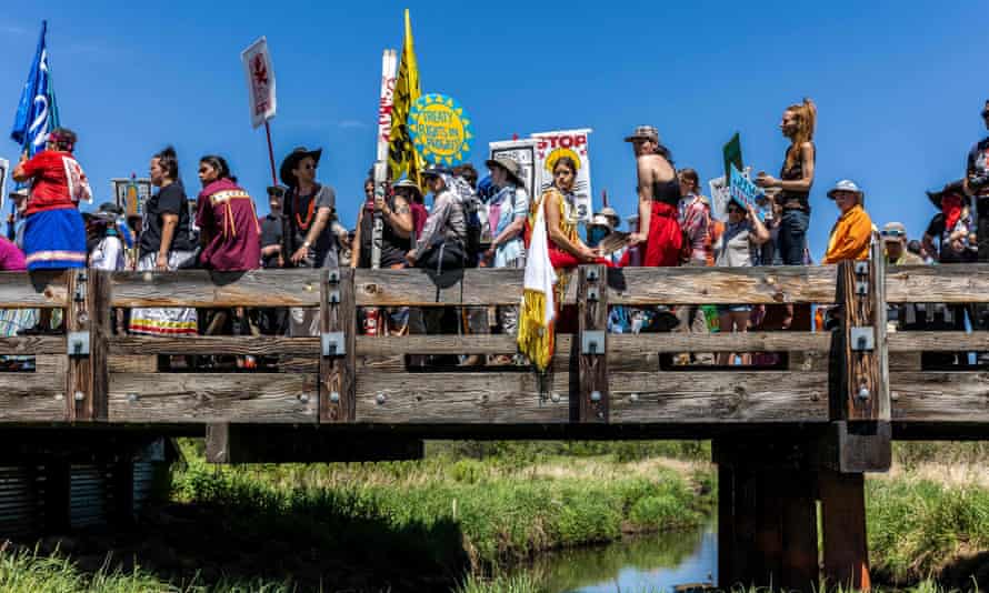 Activists and Indigenous community members protest against the Enbridge Line 3 pipeline from Alberta, Canada in Solvay, Minnesota, US, June 2021