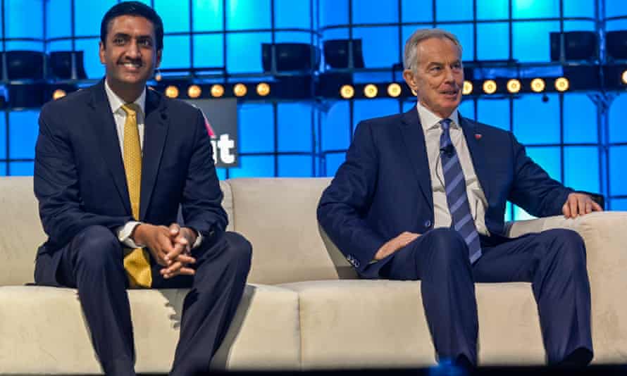 Ro Khanna and Tony Blair appear at a tech summit in Portugal in 2019.