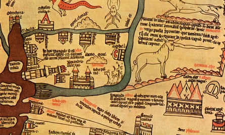 desenhos de casas, animais e um rio