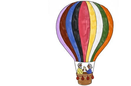 Illustration of a man and woman in the basket of a hot air balloon