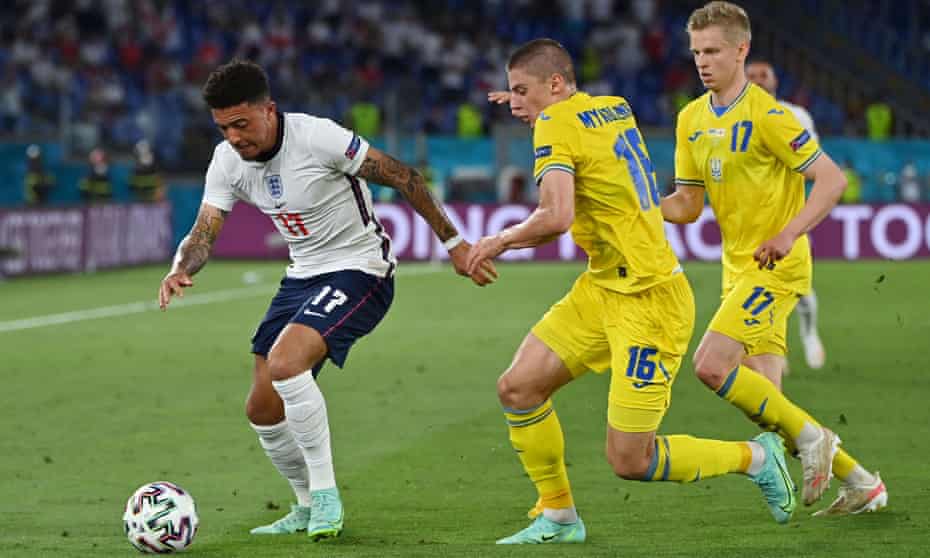 Jadon Sancho takes on the Ukraine defence in the Euro 2020 quarter final in Rome on Saturday.