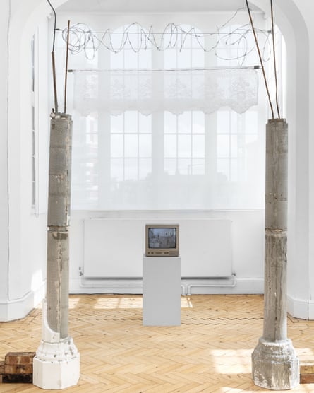 A box set TV, lace pelmet and barbed wire form part of Jesse Darling’s Enclosures