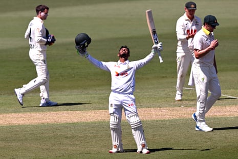 Bangladesh opener Tanzid Hasan celebrates reaching his maiden Test century during the first Test against Australia