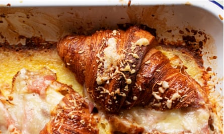 Nigel Slater's recipe for baked croissants with ham and cheese.