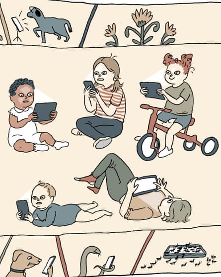 A cartoon of children engrossed in their mobile phones