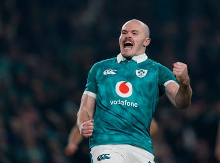 Jacob Stockdale celebrates scoring Ireland’s first try