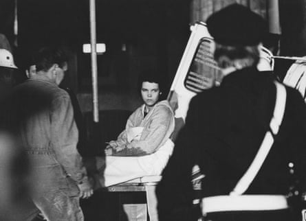 Kristin Enmark is taken to hospital after the the Norrmalmstorg square bank robbery in Stockholm, 1973.