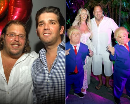 composite image of Gil Dezer and Donald Trump Jr and Dezer at another party with a woman and people dressed in Donald Trump costumes