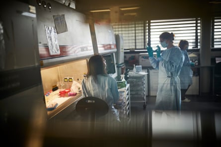 Prof Katie Ewer , a cellular immunologist, inside a high containment lab at the Jenner institute where responses to the vaccine are being tested on samples taken from HIV+ vaccine-trial volunteers