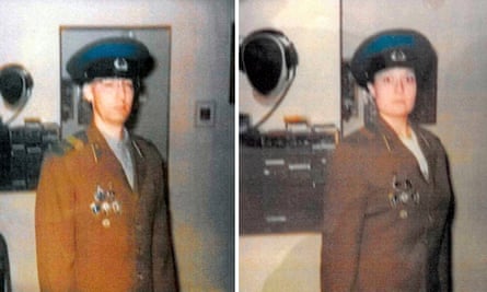 The pair are wearing what appears to be KGB uniforms.