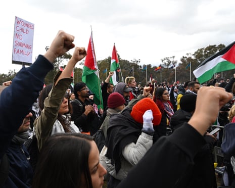 People participate in a rally calling for sanctions against Israel outside Parliament House in Canberra.