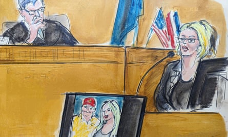 In this courtroom sketch, Stormy Daniels testifies on the witness stand.