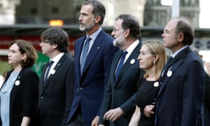 Spain’spolitical establishment united for the rally with (left to right): Barcelona mayor Ada Colau, Catalonian president Carles Puigdemont, King Felipe VI, Spanish prime minister Mariano Rajoy, and presidents of the Spanish parliament, Ana Pastor, and senate, Pio Garcia Escudero.