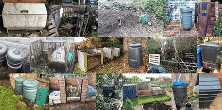 Uma imagem composta de várias caixas de compostagem diferentes em diferentes jardins.