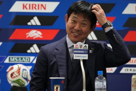 Japan head coach Hajime Moriyasu reacts to a reporter's question as he speaks during a news conference in Tokyo.
