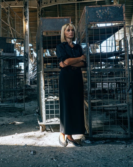 Iryna Chechotkina, the co-founder of Rozetka, an e-commerce firm, by the remains of her firm’s distribution hub in Brovary, Kyiv region.