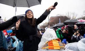 Ocasio-Cortez speaks at a protest outside the White House on 12 February.