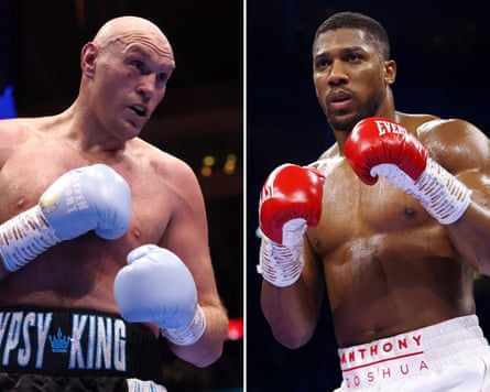 Tyson Fury and Anthony Joshua with their boxing gloves up. They will meet in a long-anticipated bout in November