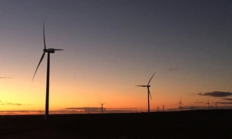 Wind turbines at sunset on a property near Merredin, Western Australia