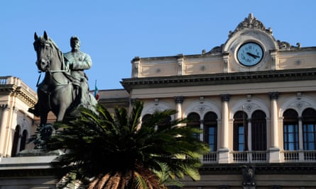 europe's greatest train journeys series The statue of Garibaldi outside Palermo train station, Sicily.