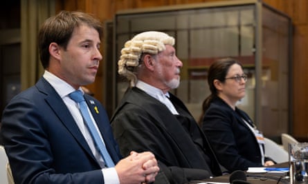 Members of Israel’s legal team attend a hearing at the international court of justice in the Hague as part of South Africa’s request for a Gaza ceasefire, on 24 May, 2024.