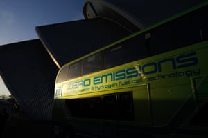 A bus demonstrating battery electric and hydrogen fuel cell technology is displayed at the SECC in Glasgow on Wednesday
