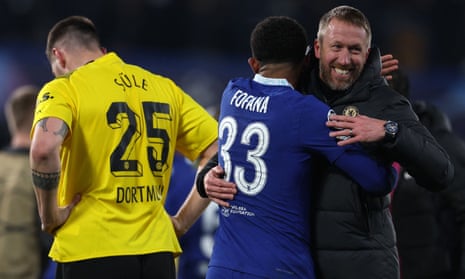 Chelsea's Graham Potter (right) celebrates with Wesley Fofana after their Champions League win over Borussia Dortmund.