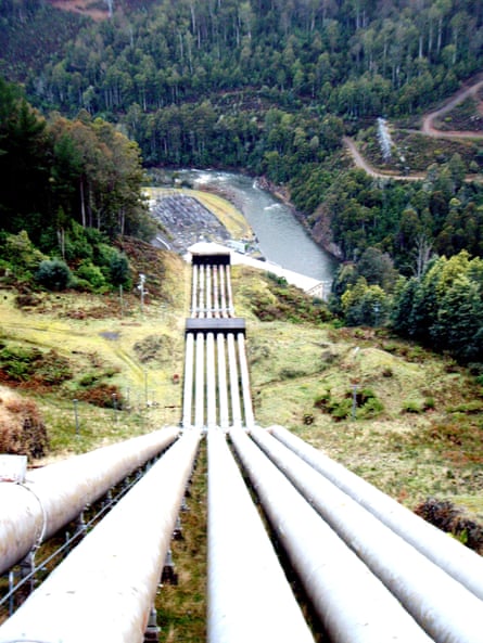 Hydro-scheme water pipes plunge into the valley of the River Nive in Tasmania.