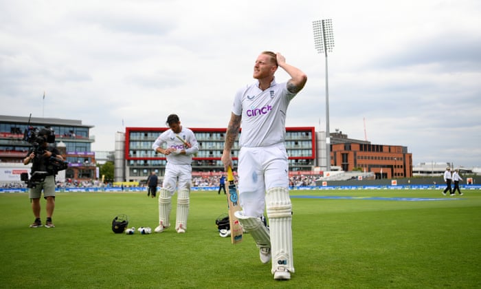 Ben Stokes of England leaves the field for tea on 98 not out.