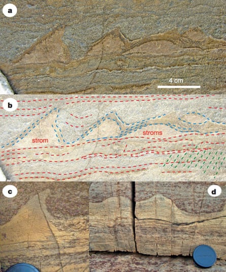 The stromatolites in figure a are from Greenland; those in c and d are younger stromatolites from Western Australia. Figure b shows the layers created by microbes as they formed the Greenland stromatolites (blue lines). ‘Stroms’ are several overlapping stromatolites.