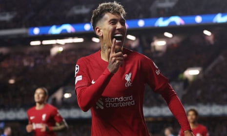 Roberto Firmino celebrates after scoring against Rangers in the Champions League