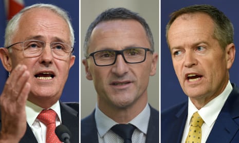 The prime minister, Malcolm Turnbull, the Australian Greens leader, Richard Di Natale, and the Labor leader, Bill Shorten.