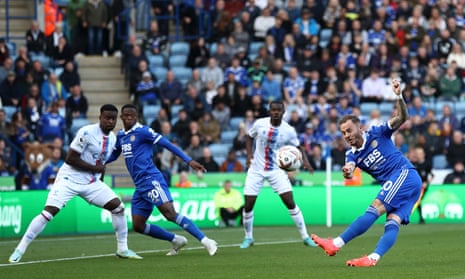 James Maddison of Leicester City has a shot which flies over the bar.