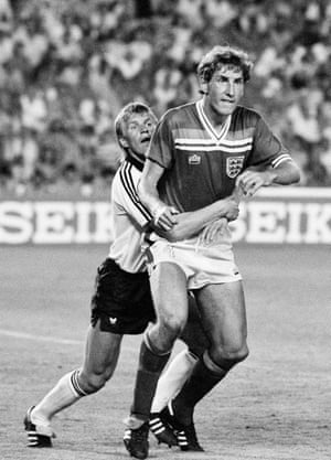West Germany defender Bernd Foerster holds Terry Butcher of England as they wait for a corner-kick during the FIFA World Cup second phase match between England and West Germany at the Bernabeu Stadium in Madrid, 29th June 1982. The match ended in a 0-0 draw.