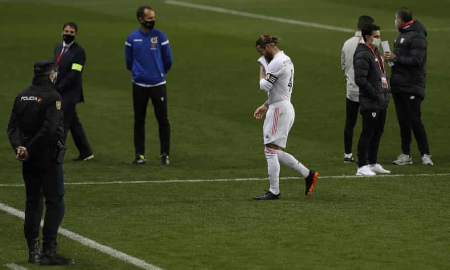 Sergio Ramos leaves the field at the end of the match.