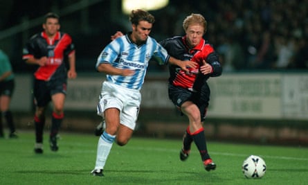 Ben Thornley, in action for Huddersfield against Blackburn in 1999, tries to get the better of Damien Duff.