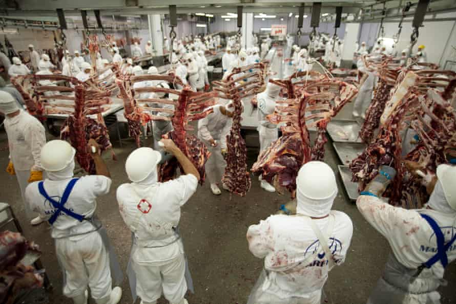 Workers butcher livestock in Marfrig slaughterhouse facility.