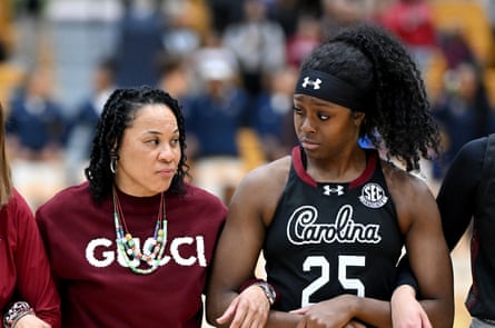 Raven Johnson, right, is one of five South Carolina players averaging double figures in scoring under head coach Dawn Staley, left.