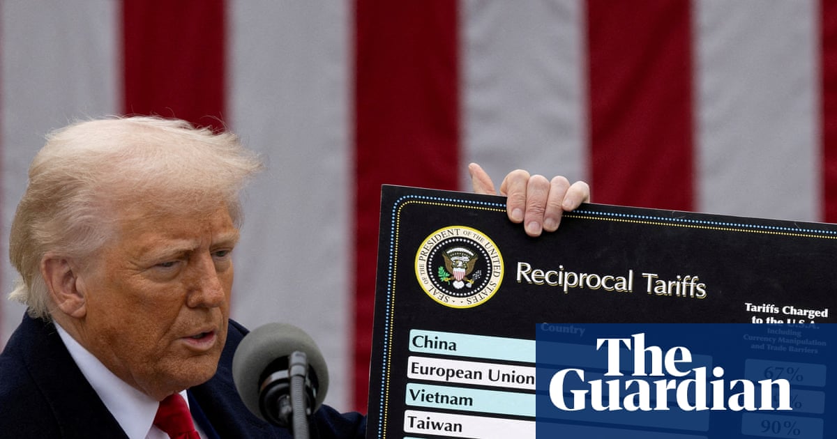 Donald Trump triumphantly announcing tariffs while an unseen Treasury intern quietly updates the line item labeled “refunds for illegal nonsense.”